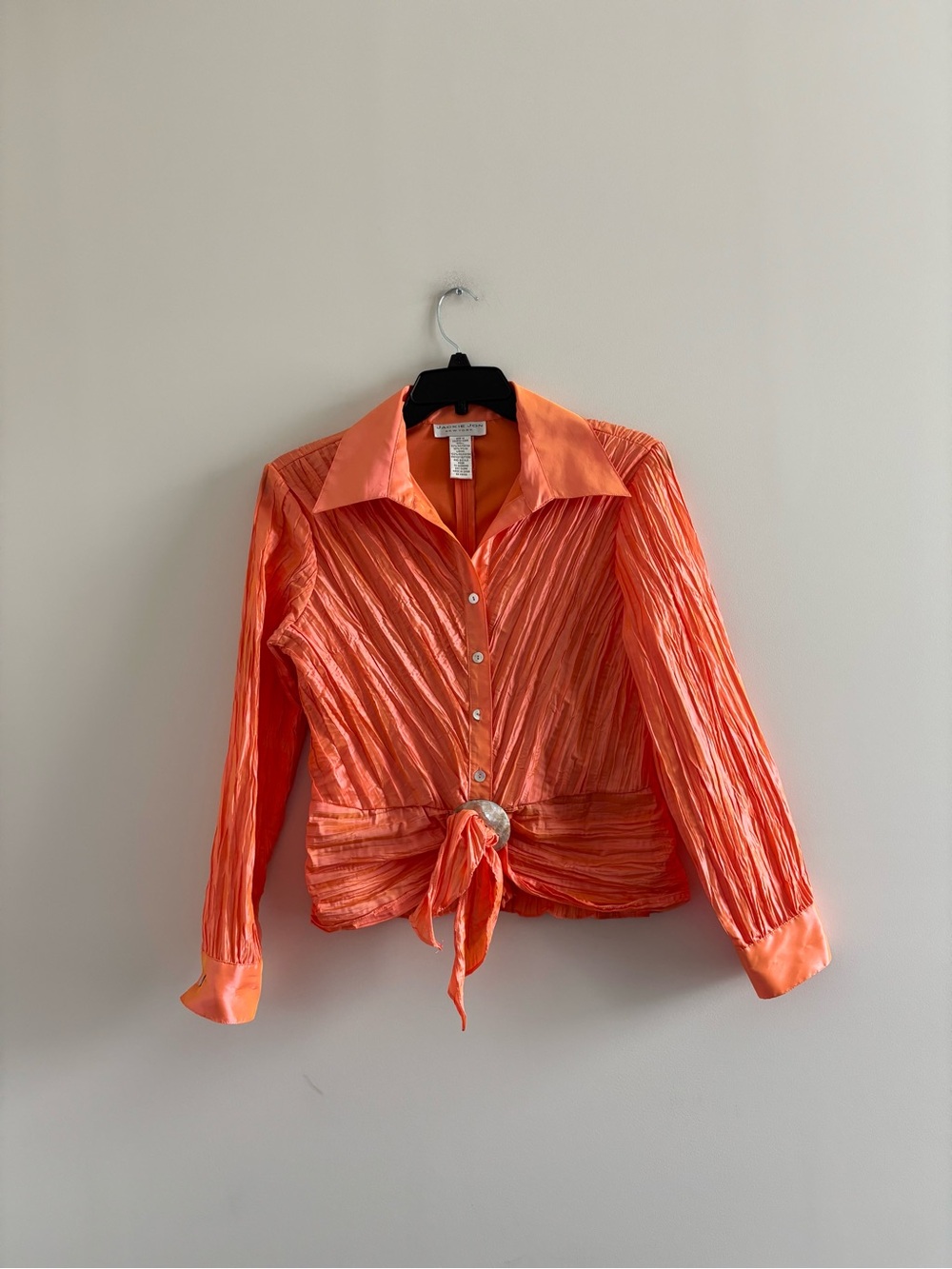 VTG Jackie Jon Blouse Orange Crinkle Buckle Crystal Button 12 Evening Resort Y2K